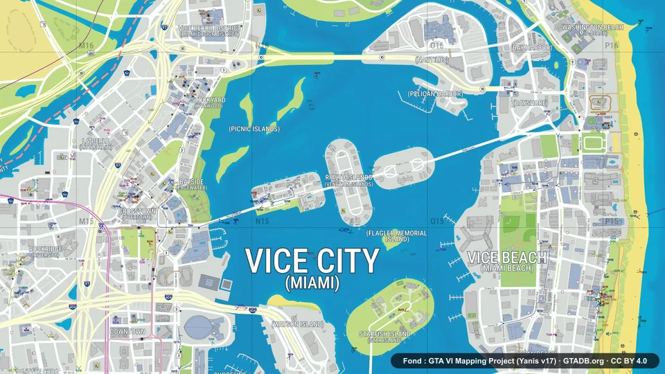Vice City sur notre carte : la lagune, ses îles et Vice Beach. Fond de carte du GTA VI Mapping Project (Yanis v17), CC BY 4.0.