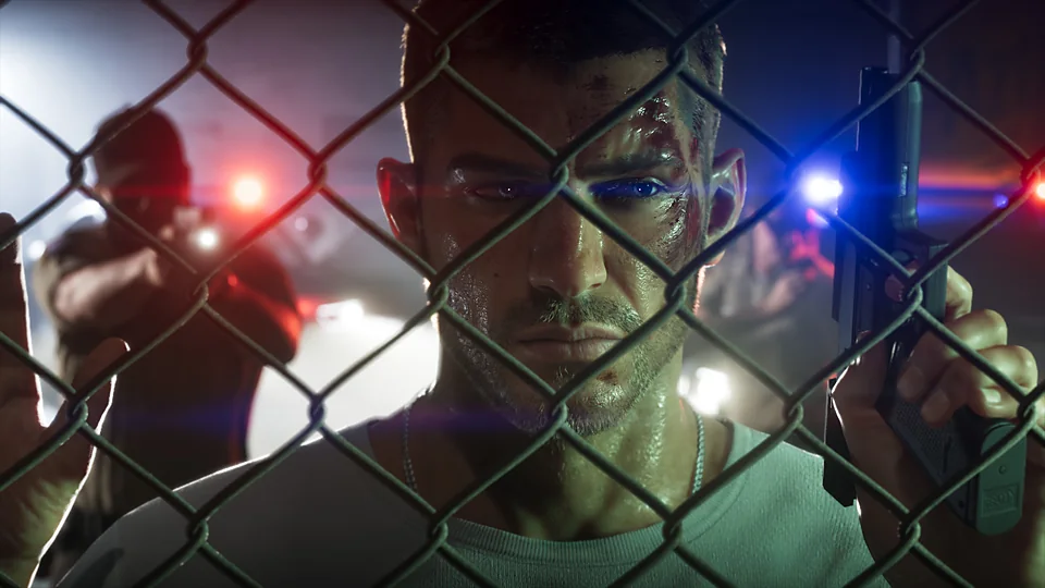 Jason Duval, pris au milieu de la descente du labo (image officielle Rockstar Games).