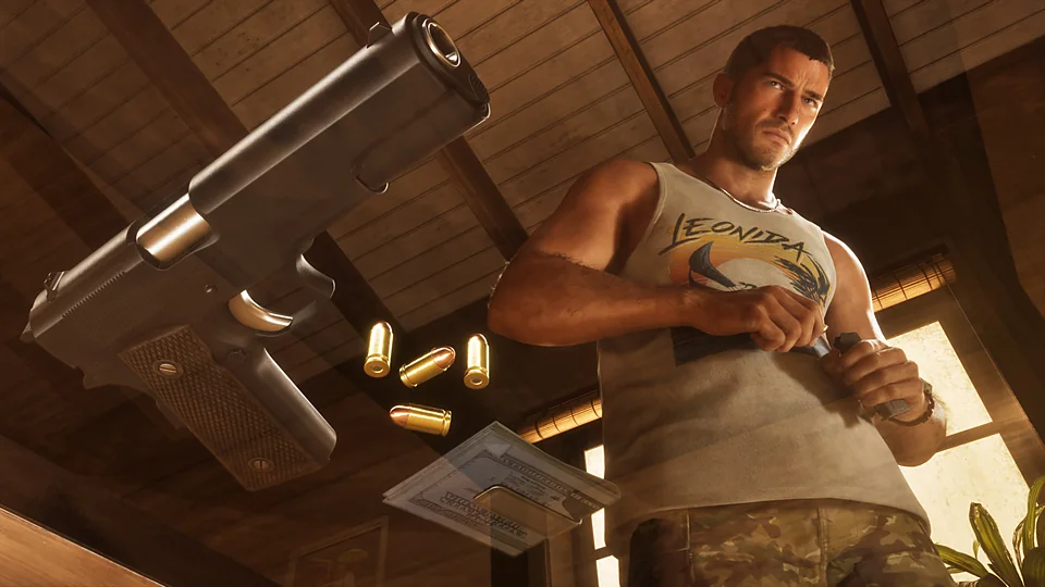 Jason Duval, pris au milieu de l'assaut du labo (image officielle Rockstar Games).